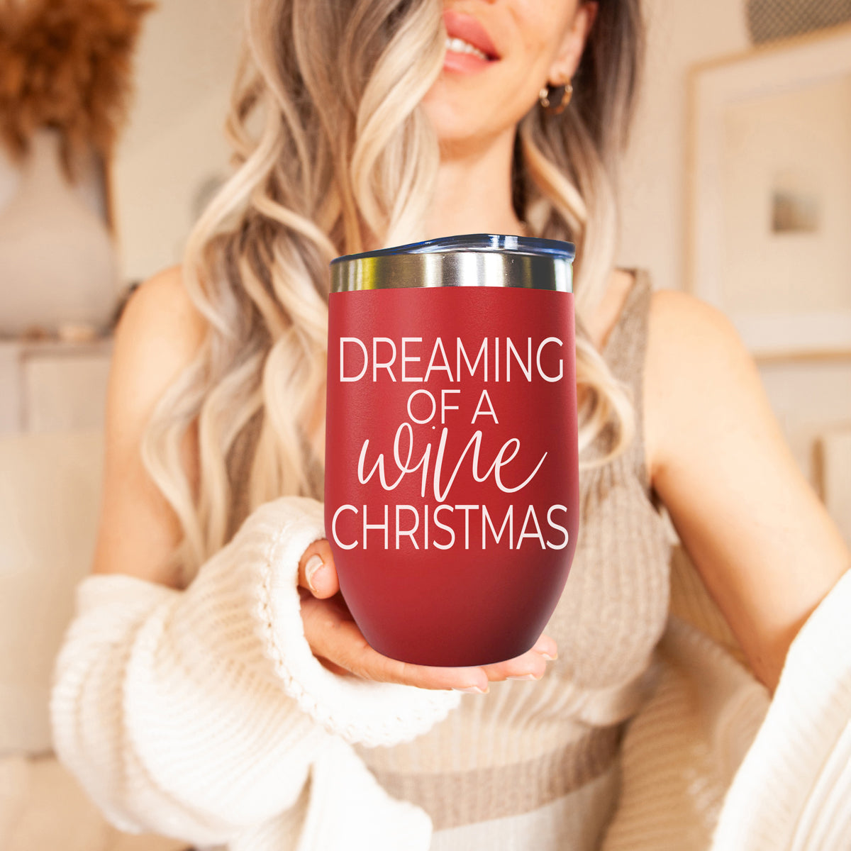 Tumbler Gia Roma 17oz red insulated wine tumbler with white script Dreaming of a wine Christmas on Tampa Home & Garden Store