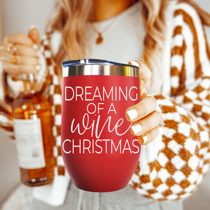 Gia Roma 17oz red tumbler with steel lid and white script Dreaming of a White Christmas on Tampa Home & Garden Store