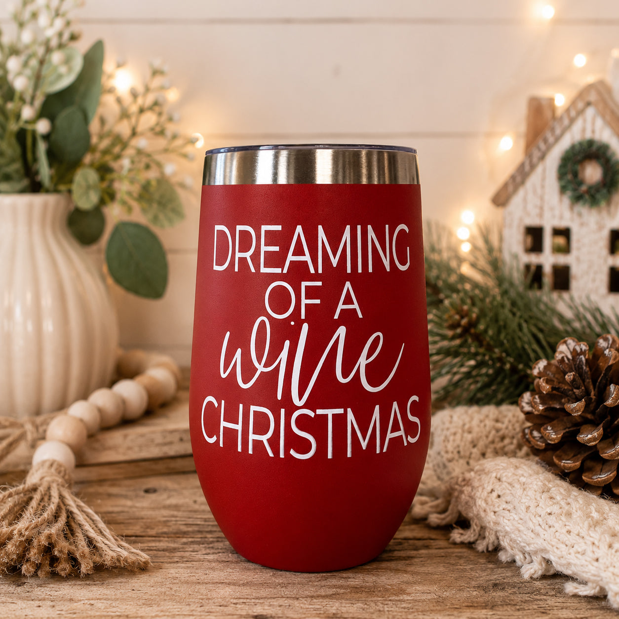 Gia Roma 17oz red tumbler with white script dreaming of a wine Christmas, stainless steel rim on Tampa Home & Garden Store