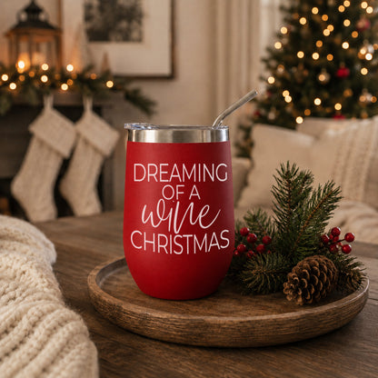 Dreaming of 17oz Gia Roma red tumbler with clear lid white script Dreaming of a wine Christmas on Tampa Home & Garden Store