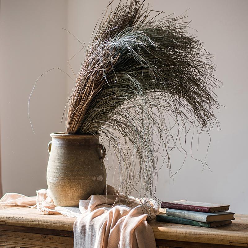 Artificial Dried Grass Bundle in a rustic ceramic vase, brown-gray wispy blades RusticReach on Tampa Home & Garden Store