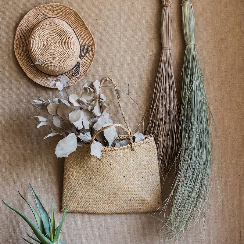 Artificial Faux Dried Grass Bundle by RusticReach in a woven tote with eucalyptus accents on Tampa Home & Garden Store