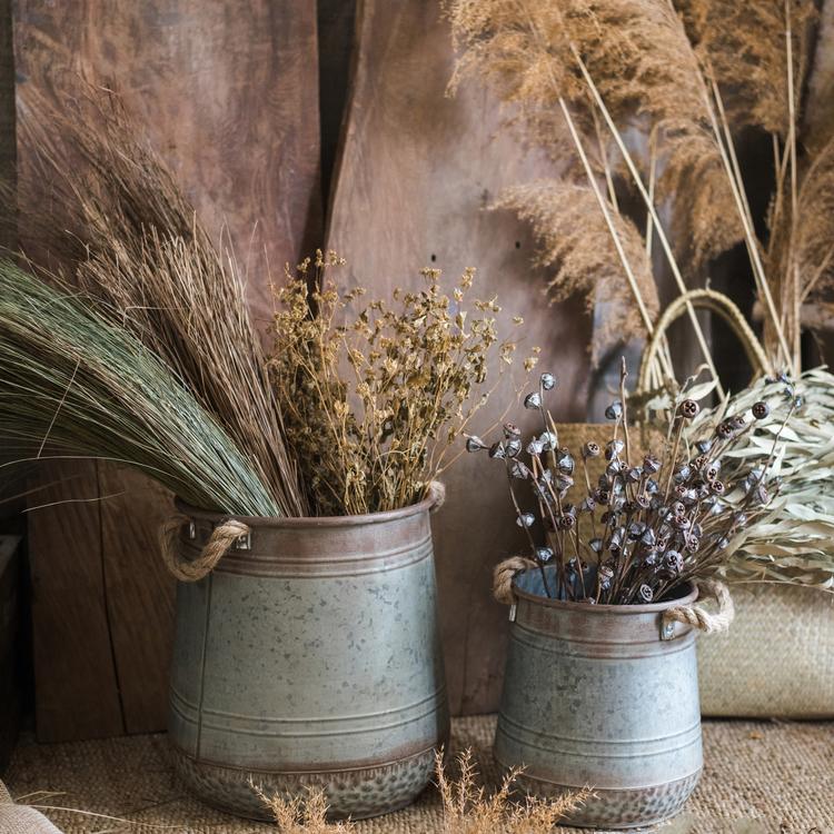 Artificial Faux Dried Grass Bundle by RusticReach in two metal buckets with rope handles on Tampa Home & Garden Store