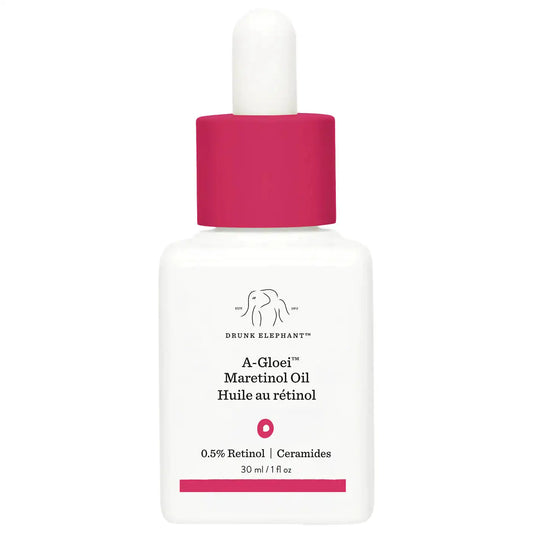 Drunk Elephant A-Gloei Maretinol Oil bottle, white with magenta dropper cap, 30 ml body oil on Tampa Home & Garden Store