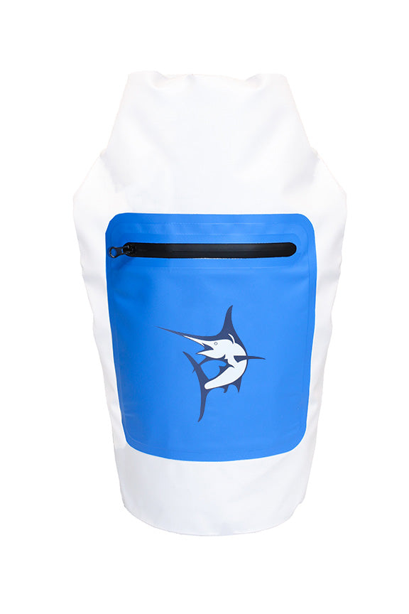 Hydrogear 20L dry bag white body with blue zippered front pocket by White Water Life on Tampa Home & Garden Store