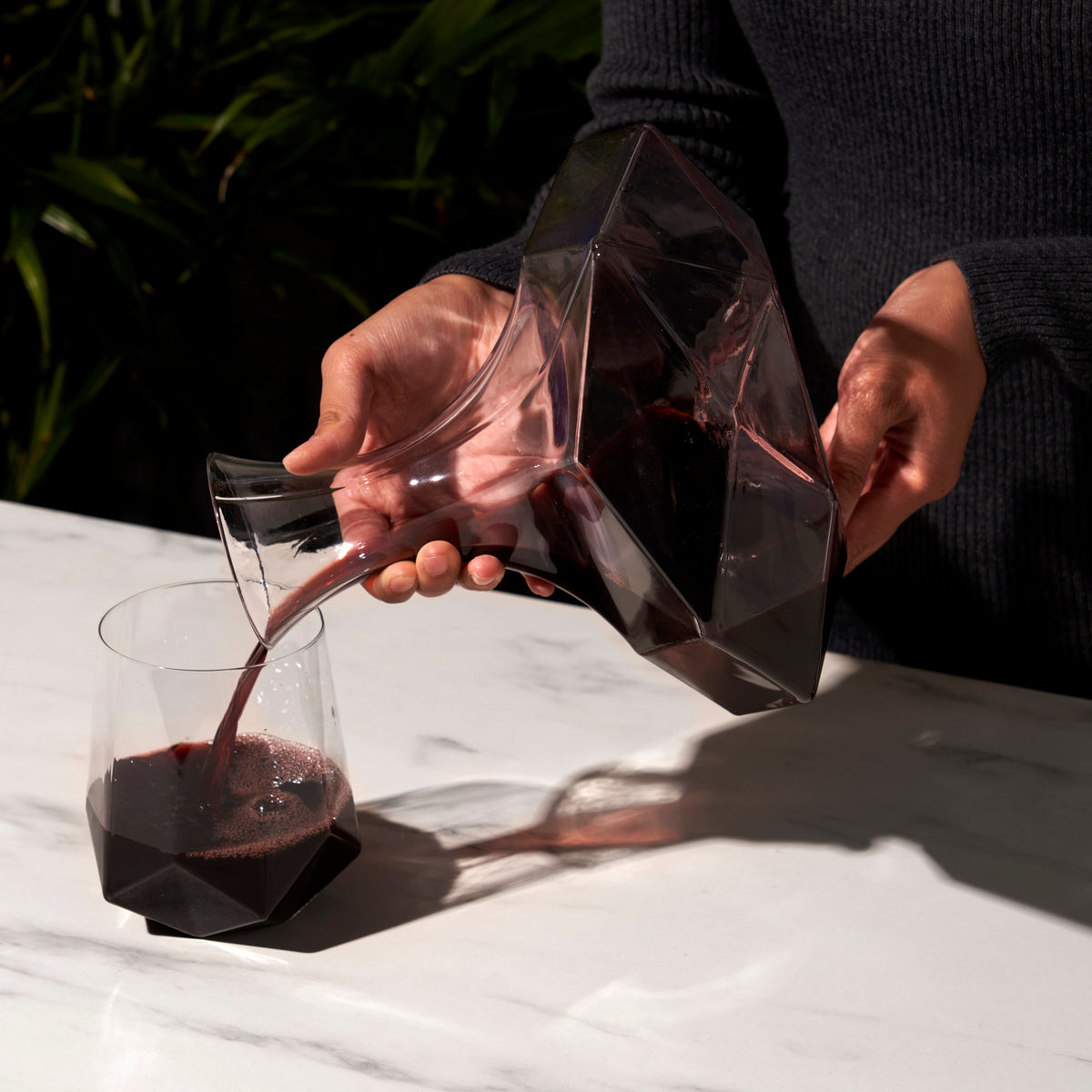 Seneca Faceted Crystal Wine Decanter by Viski, pouring red wine from a crystal decanter on Tampa Home & Garden Store