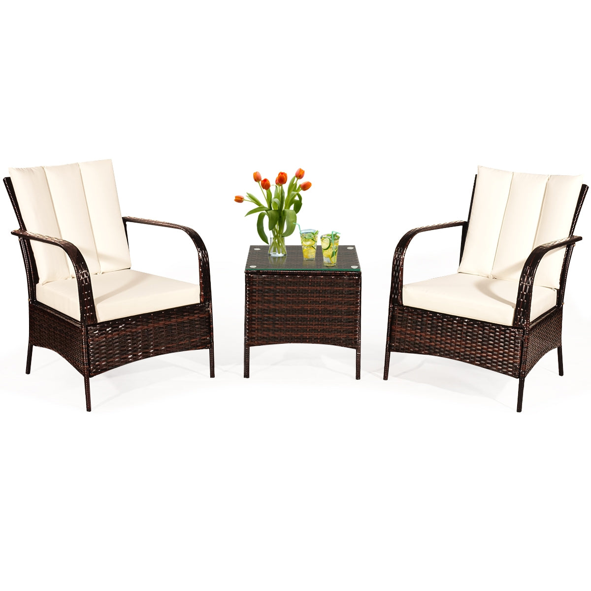 3 Pcs Patio Conversation Rattan Furniture Set with Glass Top Coffee Table and Cushions-Gray
