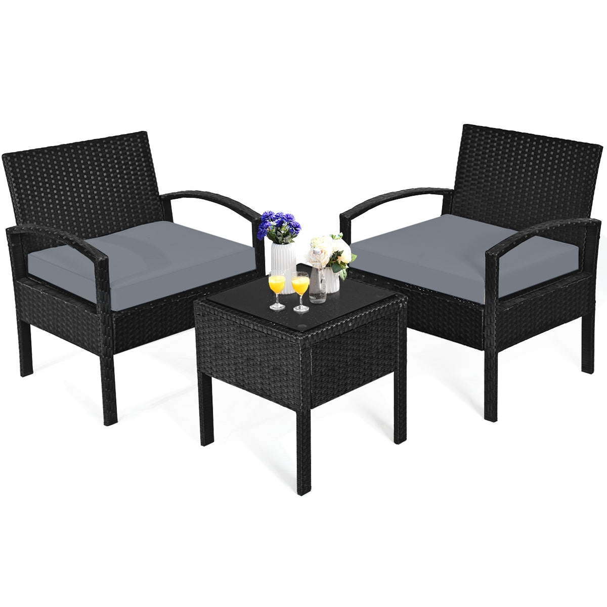 Juego de conversación de patio de ratán para exteriores de 3 piezas con cojines de asiento - Gris