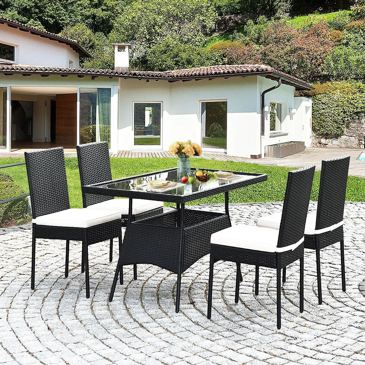 Rattan Patio Dining Set with Glass Top Cushions