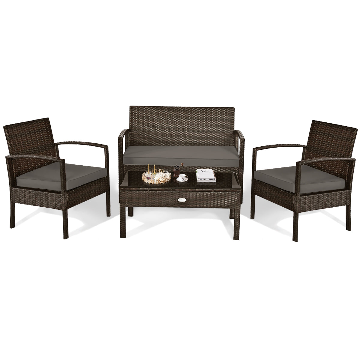 Juego de muebles de patio de ratán de 4 piezas con cojines, sofá de dos plazas y mesa - Marrón