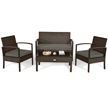Juego de muebles de patio de ratán de 4 piezas con cojines, sofá de dos plazas y mesa - Marrón