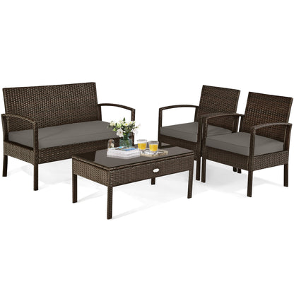 Juego de muebles de patio de ratán de 4 piezas con cojines, sofá de dos plazas y mesa - Marrón