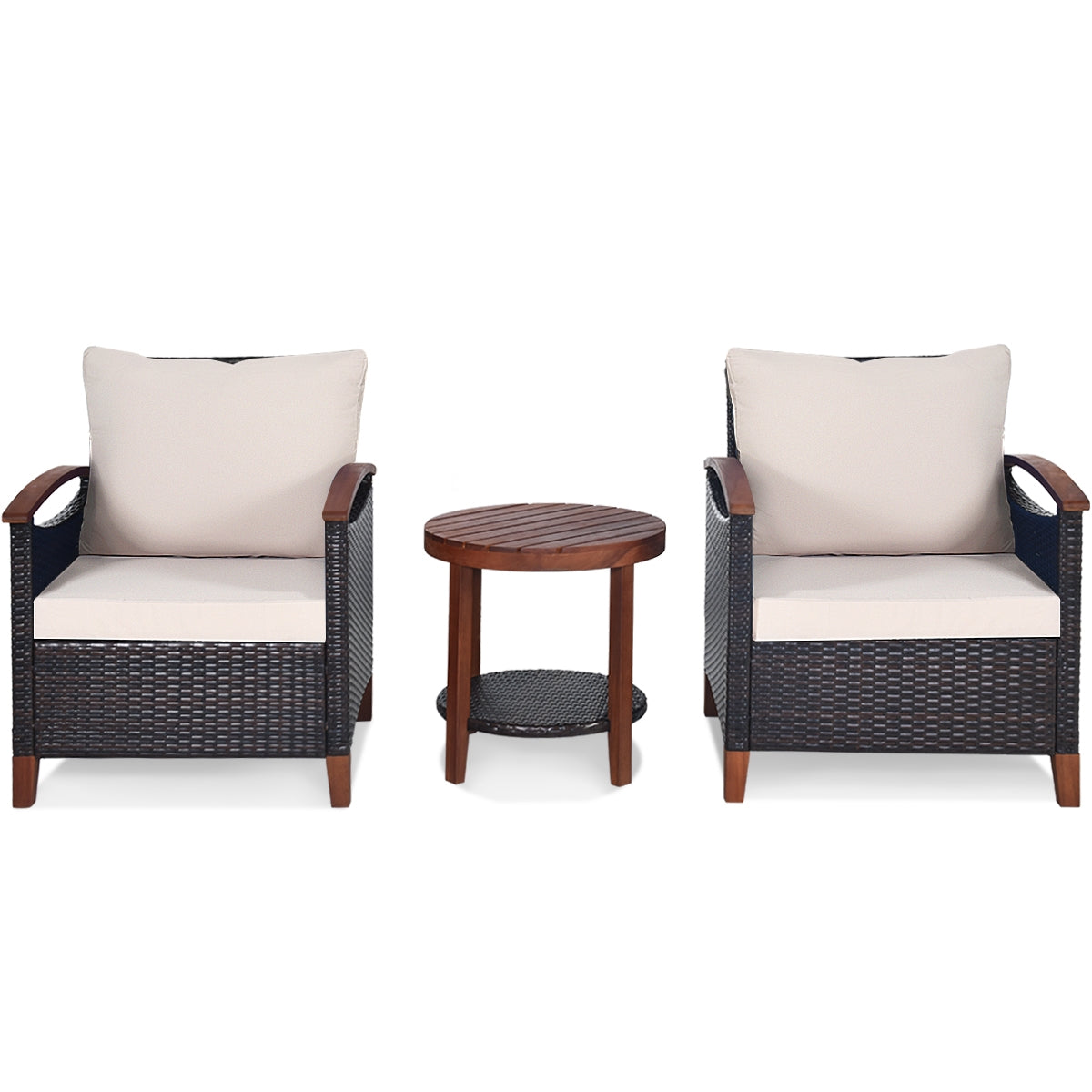 3 Pieces Patio Rattan Furniture Set with Washable Cushion and Acacia Wood Tabletop-Blue