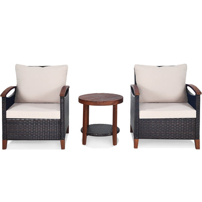 3 Pieces Patio Rattan Furniture Set with Washable Cushion and Acacia Wood Tabletop-Blue