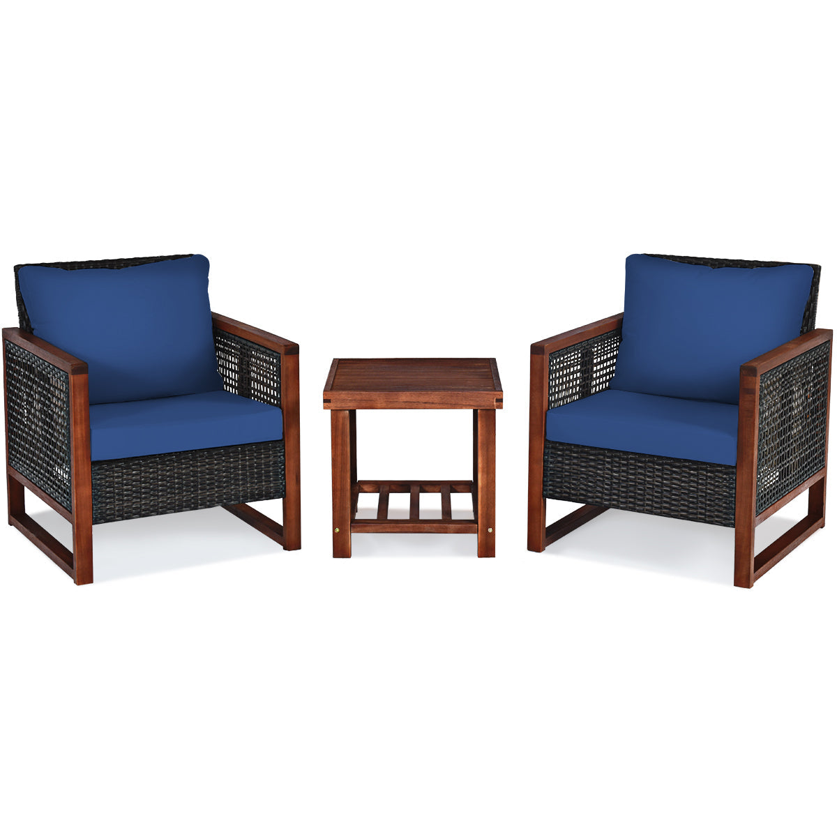 3 Pieces Acacia Wood Patio Furniture Set with Coffee Table-Turquoise