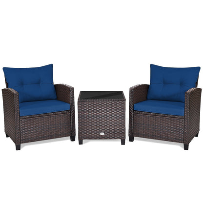 3 Pcs Patio Rattan Furniture Set Cushioned Conversation Set Coffee Table -Black