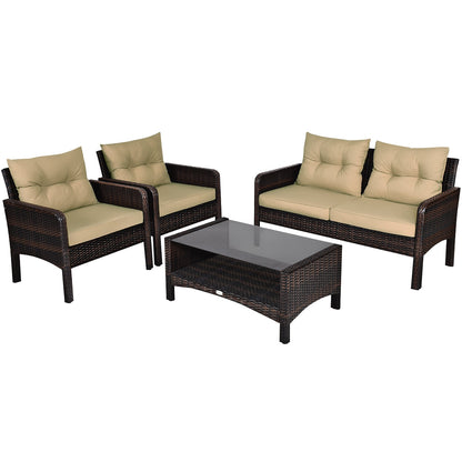 4 Pieces Outdoor Rattan Wicker Loveseat Furniture Set with Cushions-Red