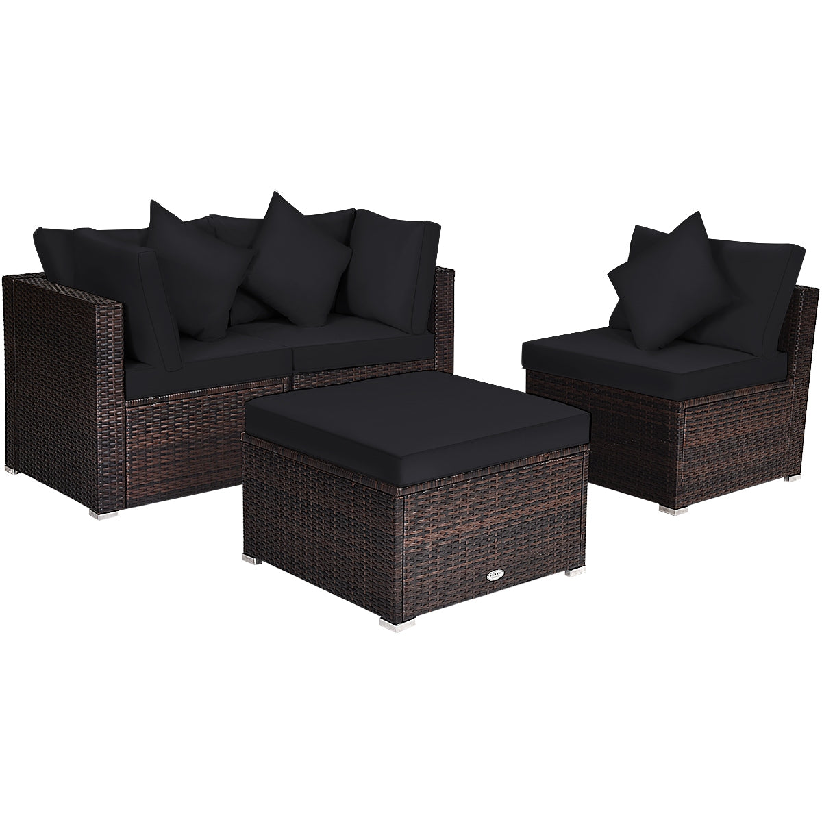 Juego de muebles de mimbre de ratán para patio y jardín de 4 piezas con cojines - Negro