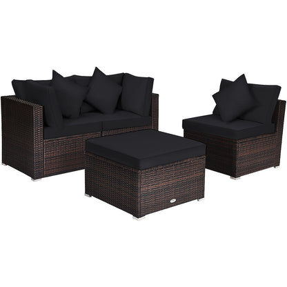 Juego de muebles de mimbre de ratán para patio y jardín de 4 piezas con cojines - Negro