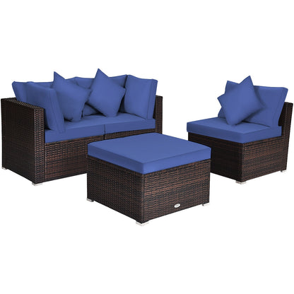 Juego de muebles de mimbre de ratán para patio y jardín de 4 piezas con cojines - Negro