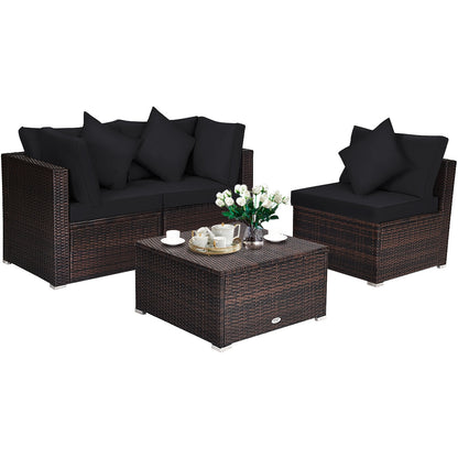 Juego de muebles de mimbre de ratán para patio y jardín de 4 piezas con cojines - Negro