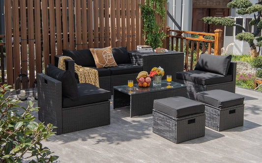 8 Pieces Patio Rattan Storage Table Furniture Set-Black - Tampa Home & Garden Store