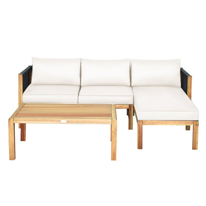 Set de muebles de patio de madera de acacia con sofá de 3 piezas y reposabrazos de cuerda de nailon - Blanco