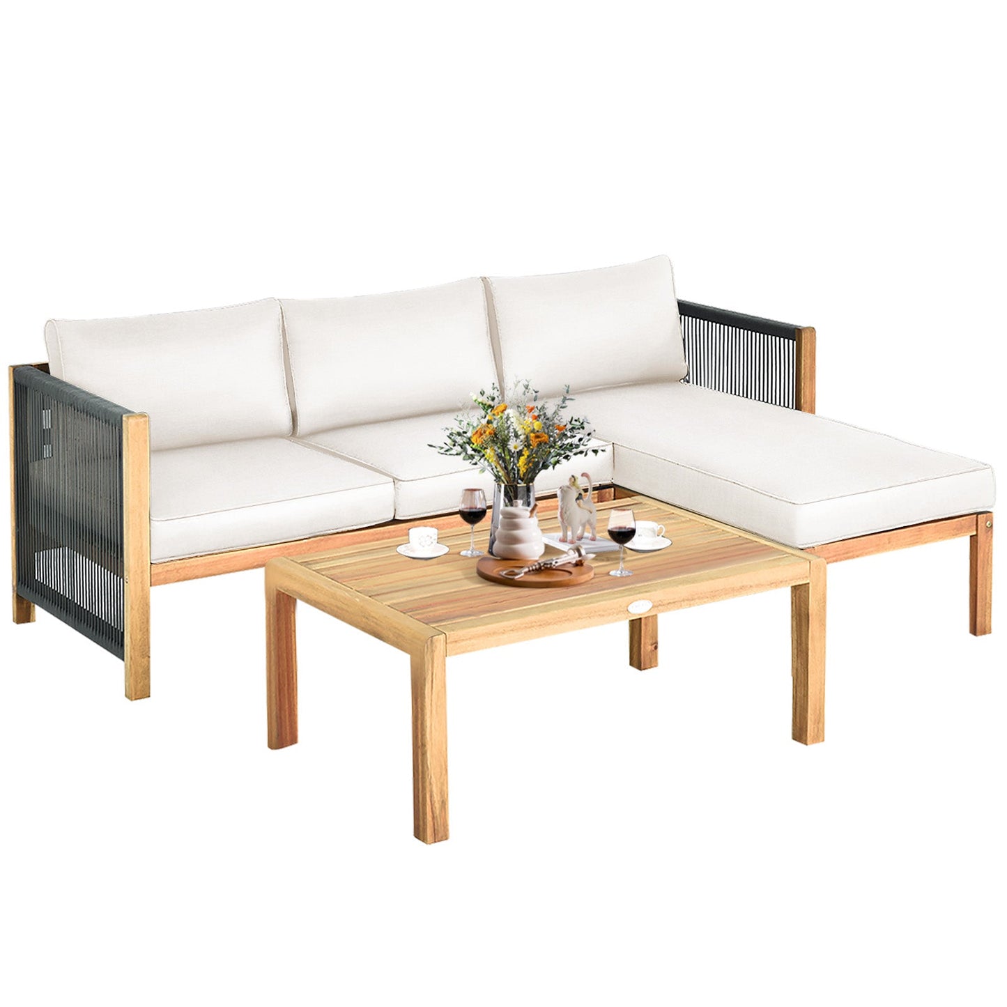 Set de muebles de patio de madera de acacia con sofá de 3 piezas y reposabrazos de cuerda de nailon - Blanco