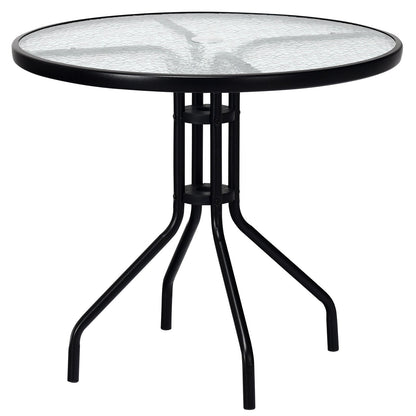 Mesa Redonda para Patio Exterior de 32 Pulgadas con Tapa de Vidrio Templado y Agujero para Sombrilla