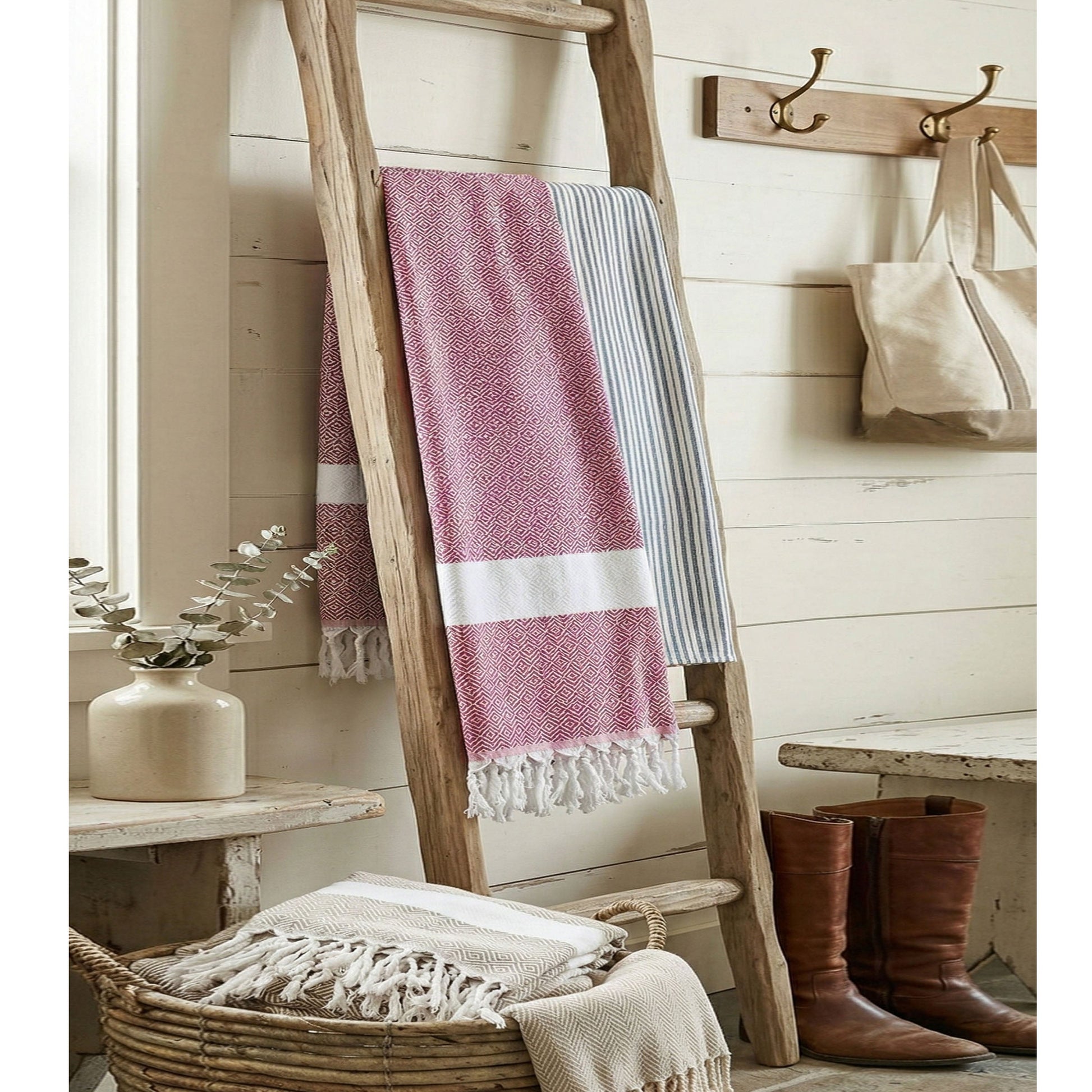 Gia Roma Haley Diamond Towel 200GSM beach towels, 3-pack in pink geometric and blue striped on Tampa Home & Garden Store