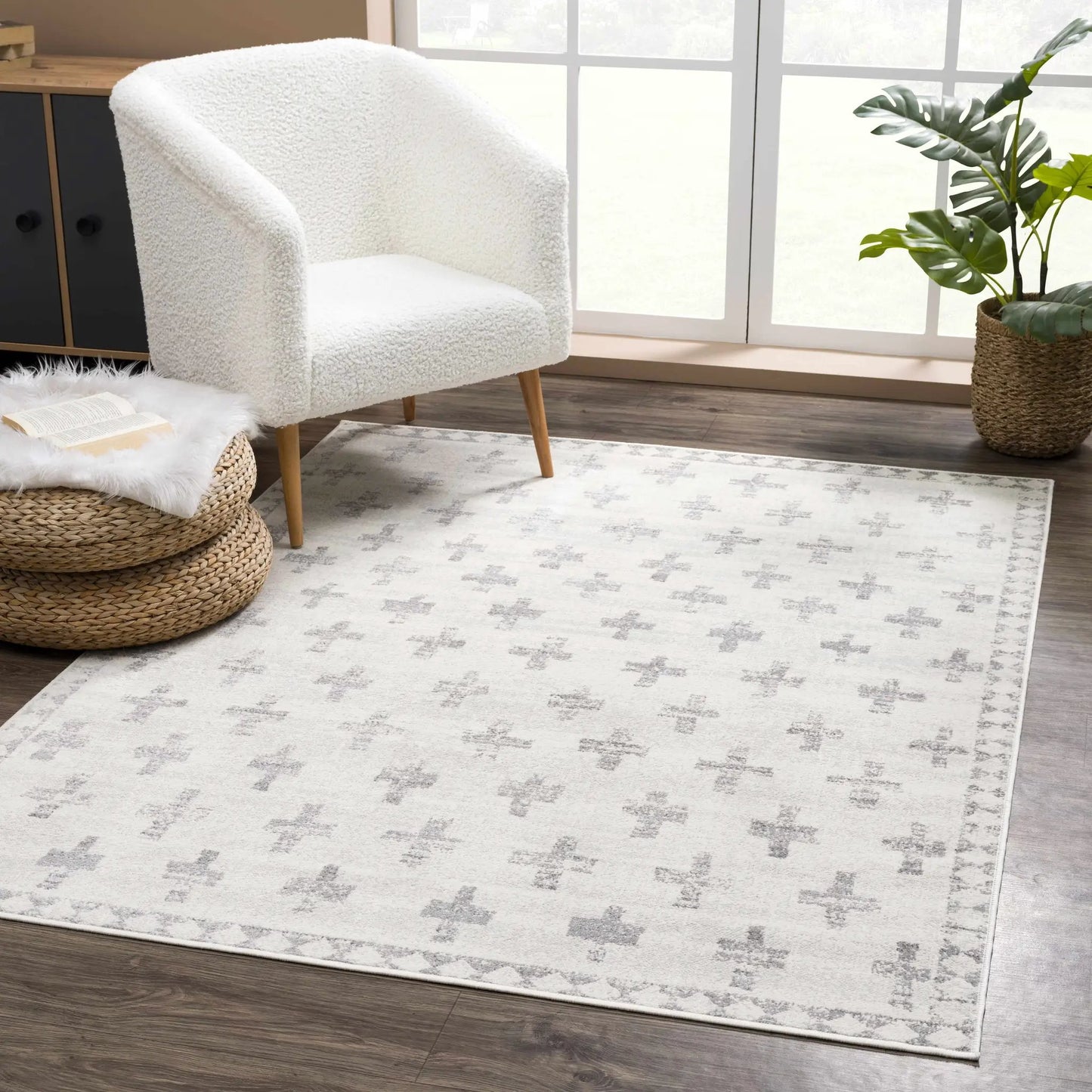 Tigris Swiss Cross Ivory and Gray Area Rug