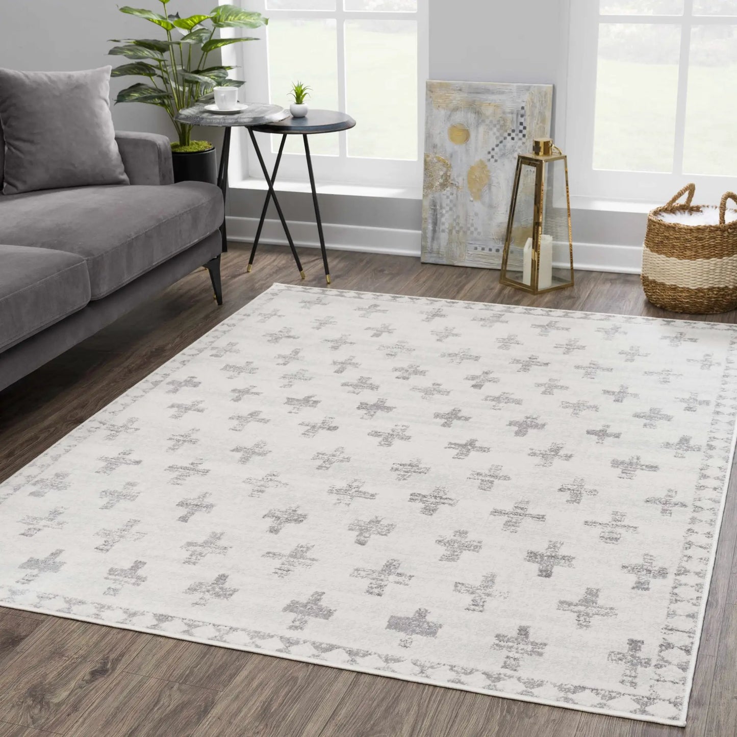 Tigris Swiss Cross Ivory and Gray Area Rug