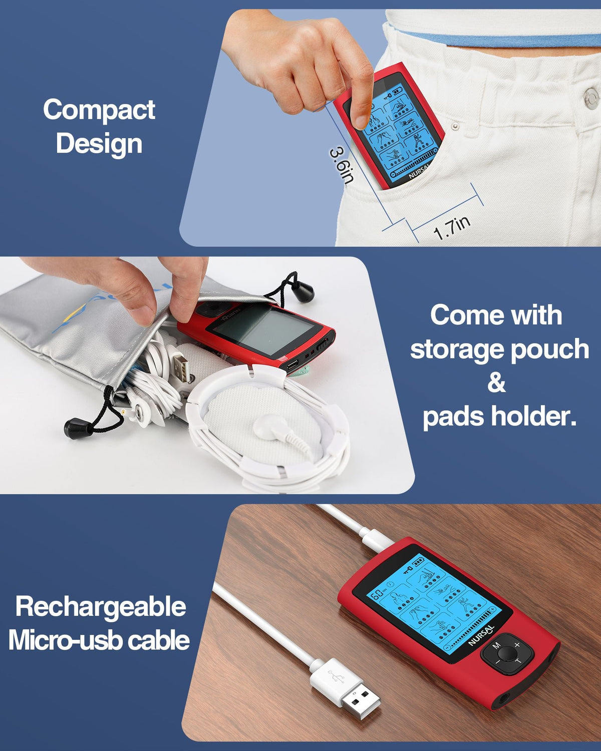 Red 24-mode TENS & EMS unit with 8 pads, rechargeable USB cable, NURSAL device on Tampa Home & Garden Store