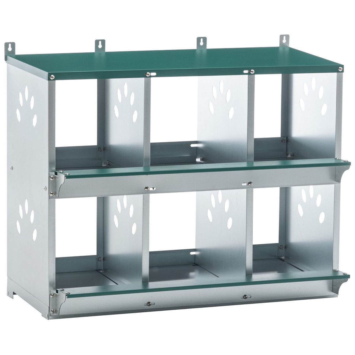 6-Room Metal Chicken Nesting Box in galvanized steel with green top and partitioned compartments on Tampa Home & Garden Store