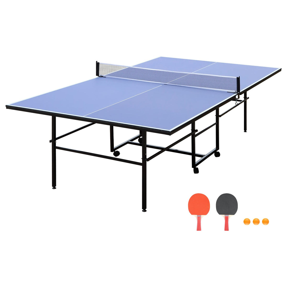 9-Foot foldable indoor ping pong table with net, blue surface; includes 2 paddles and 3 balls on Tampa Home & Garden Store