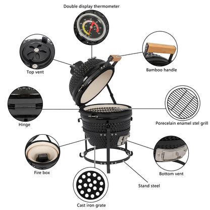 Mercantile Mountain 13-inch Ceramic Charcoal Grill XH Kamado-style with bamboo handle thermometer on Tampa Home & Garden Store