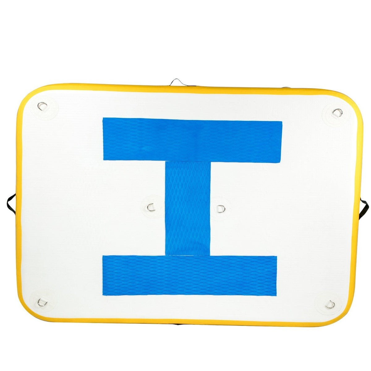 Mercantile Mountain inflatable dock platform 8x5 ft, white deck with yellow edge and blue straps on Tampa Home & Garden Store