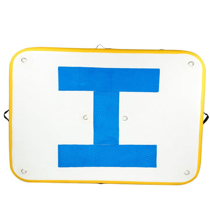 Mercantile Mountain inflatable dock platform 8x5 ft, white deck with yellow edge and blue straps on Tampa Home & Garden Store