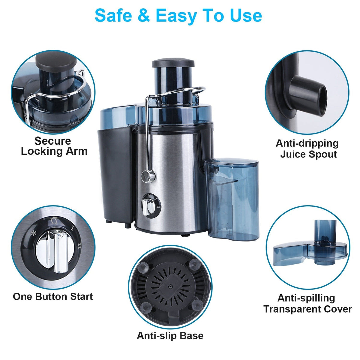 Mercantile Mountain 1000W centrifugal juicer with 2 speeds and blue accents on Tampa Home & Garden Store