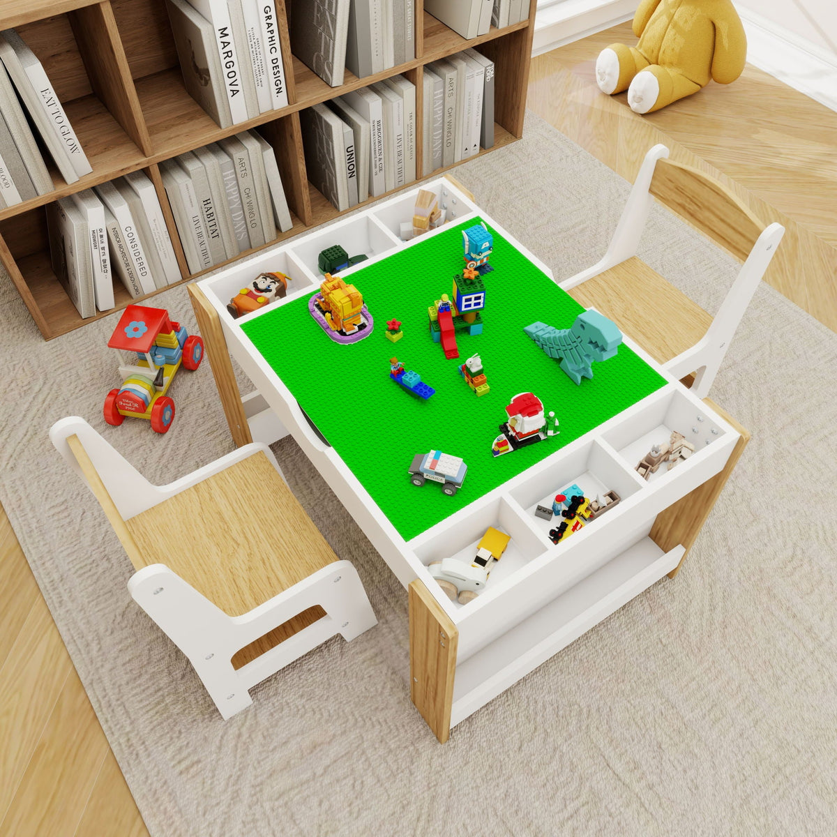 2 in 1 Play Table with 2 Chairs, white finish, storage, LEGO/Duplo compatible on Tampa Home & Garden Store