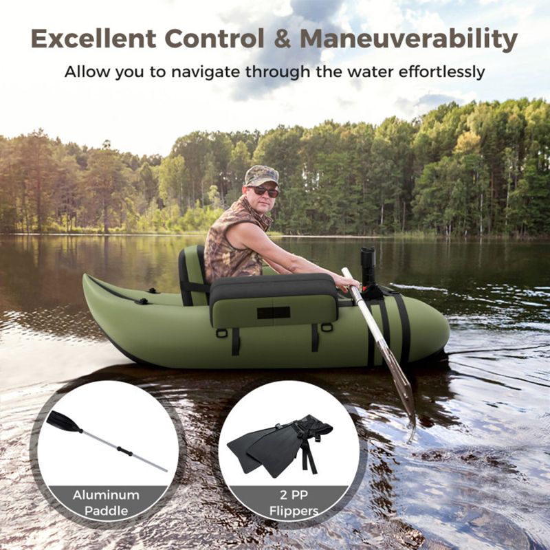 Inflatable fishing float tube in olive green with aluminum paddle and 2 PP flippers on Tampa Home & Garden Store