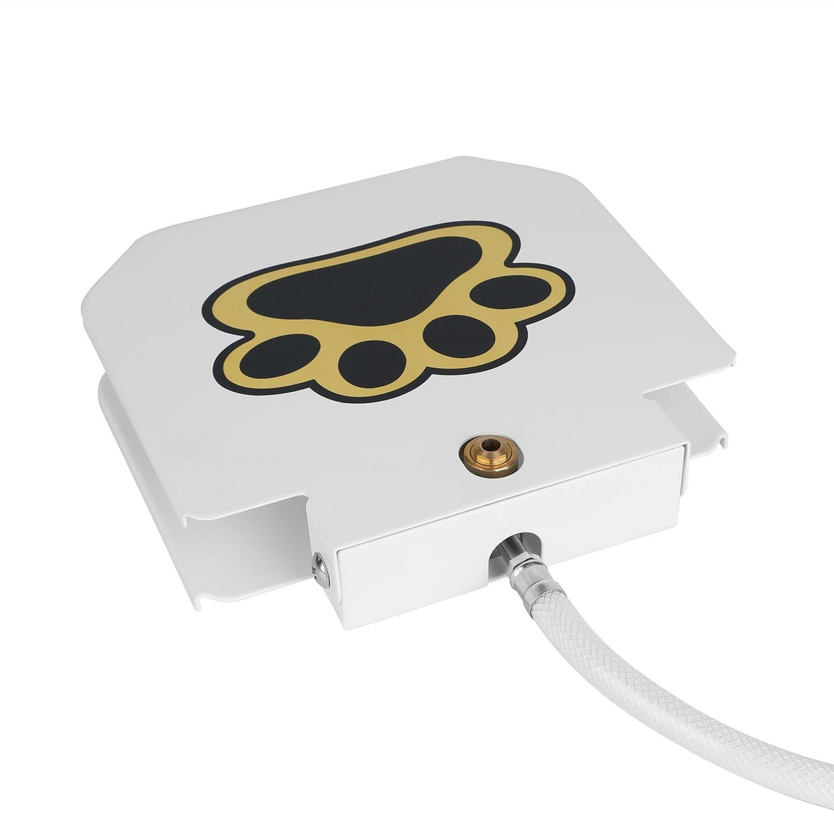 Outdoor Dog Water Fountain Step-On Activated Dispenser, white metal housing with paw logo on Tampa Home & Garden Store