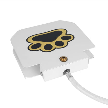 Outdoor Dog Water Fountain Step-On Activated Dispenser, white metal housing with paw logo on Tampa Home & Garden Store