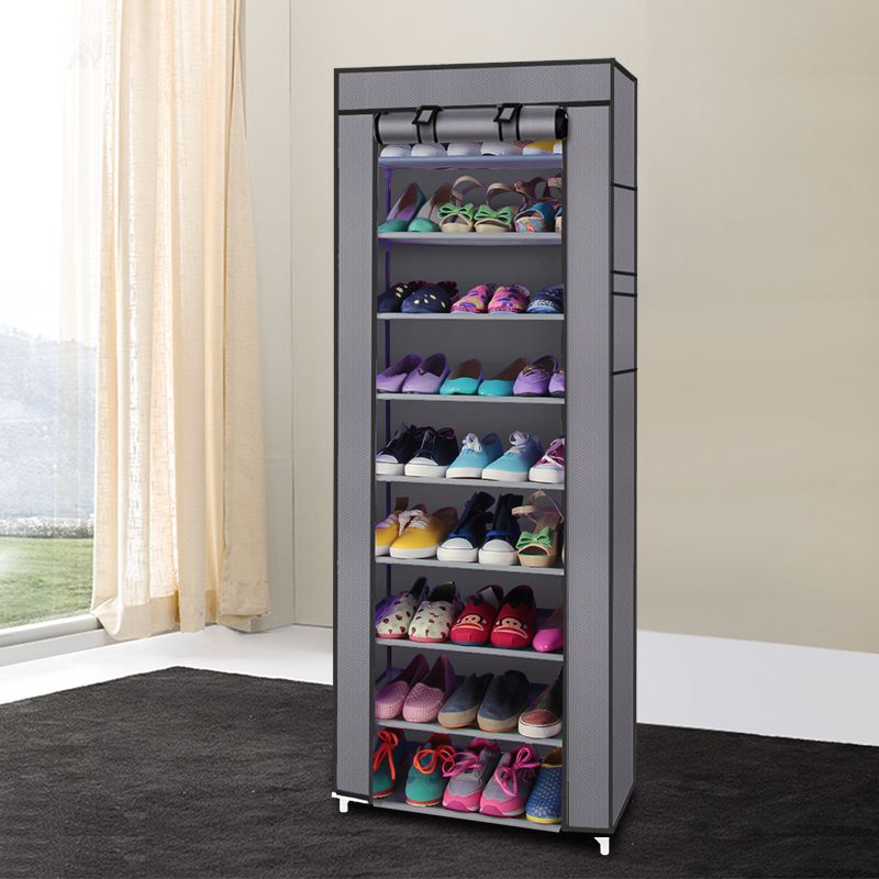Mercantile Mountain 10-layer non-woven fabric shoe rack in black and gray full of shoes on Tampa Home & Garden Store
