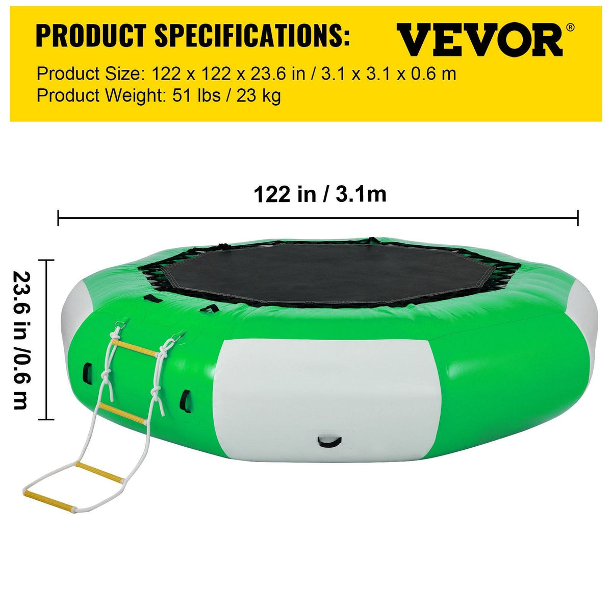 10ft inflatable water trampoline with ladder, round green/white ring and black jumping surface on Tampa Home & Garden Store