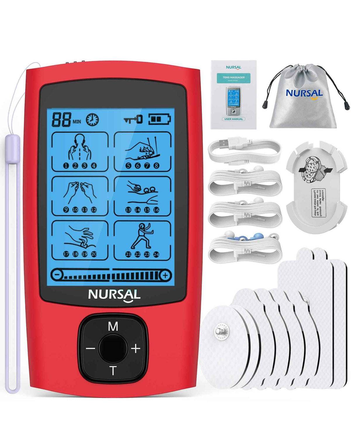 TENS & EMS unit red handheld muscle stimulator by NURSAL with 8 pads and cables on Tampa Home & Garden Store