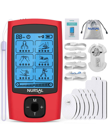 TENS & EMS unit red handheld muscle stimulator by NURSAL with 8 pads and cables on Tampa Home & Garden Store
