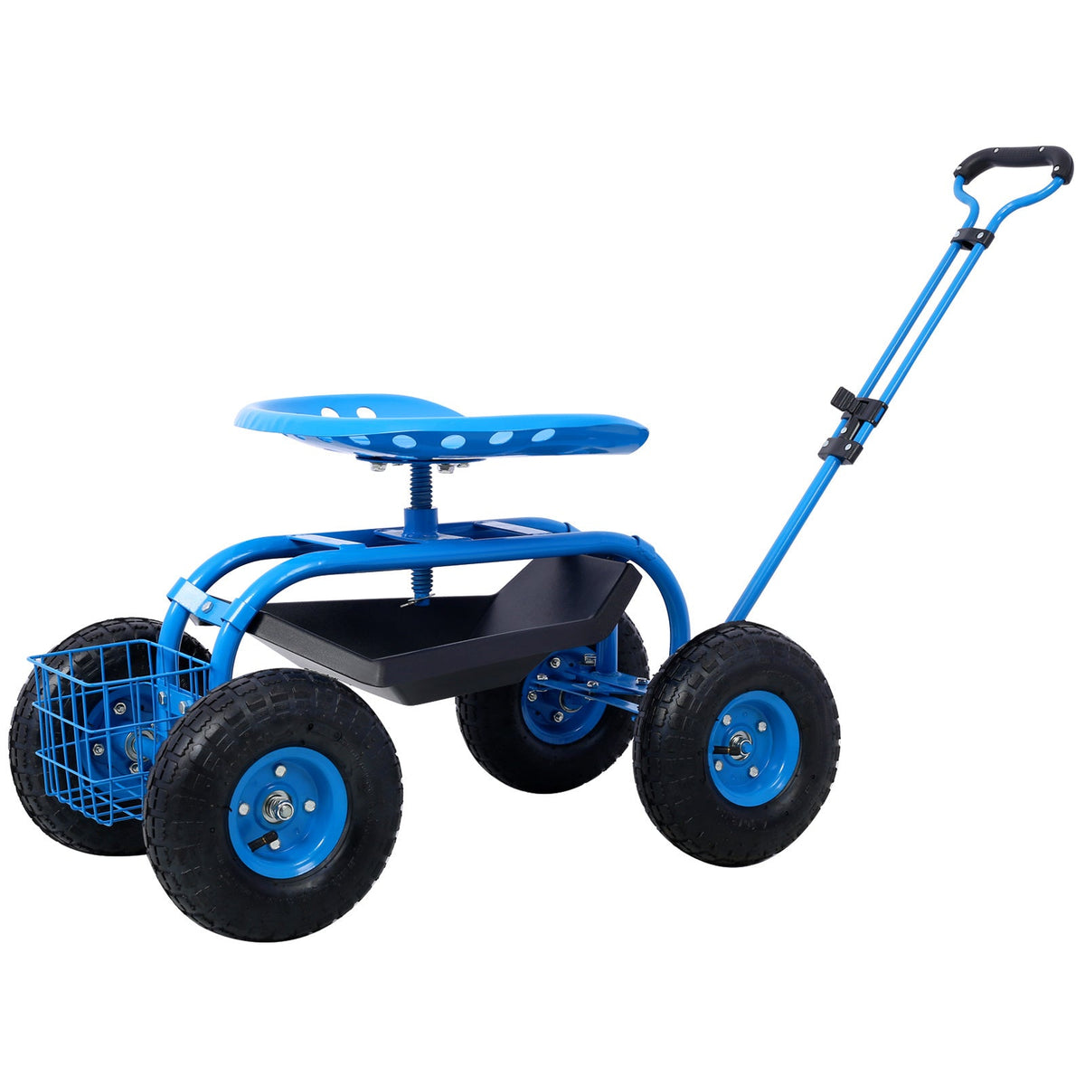 Mercantile Mountain blue rolling garden scooter cart with basket and 360 swivel seat on Tampa Home & Garden Store