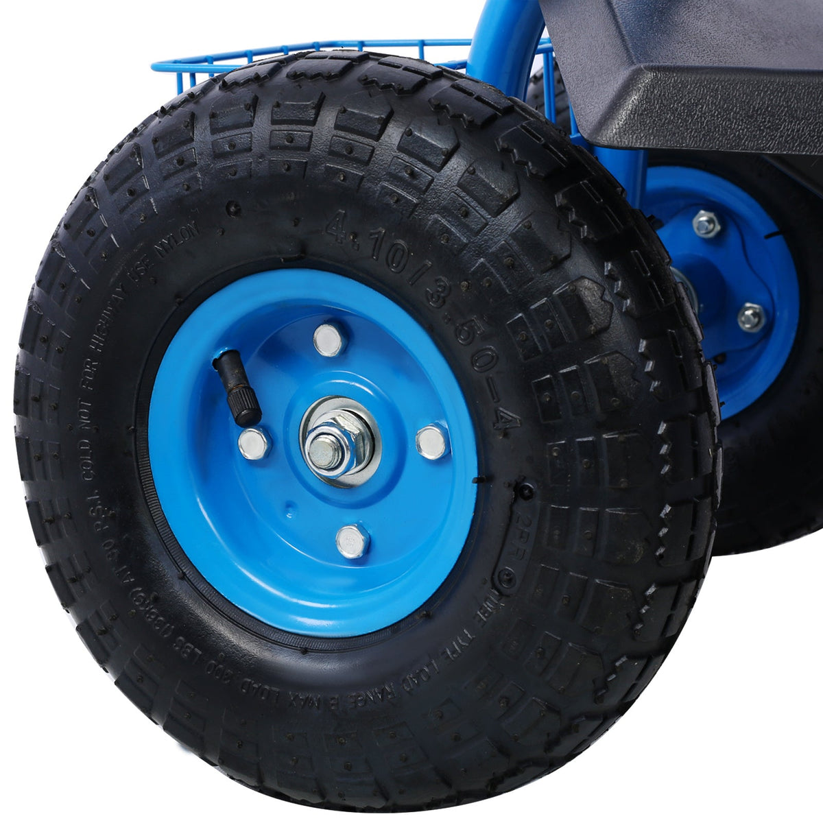 Rolling garden scooter cart wheel with blue rim and rugged tread tire on Tampa Home & Garden Store
