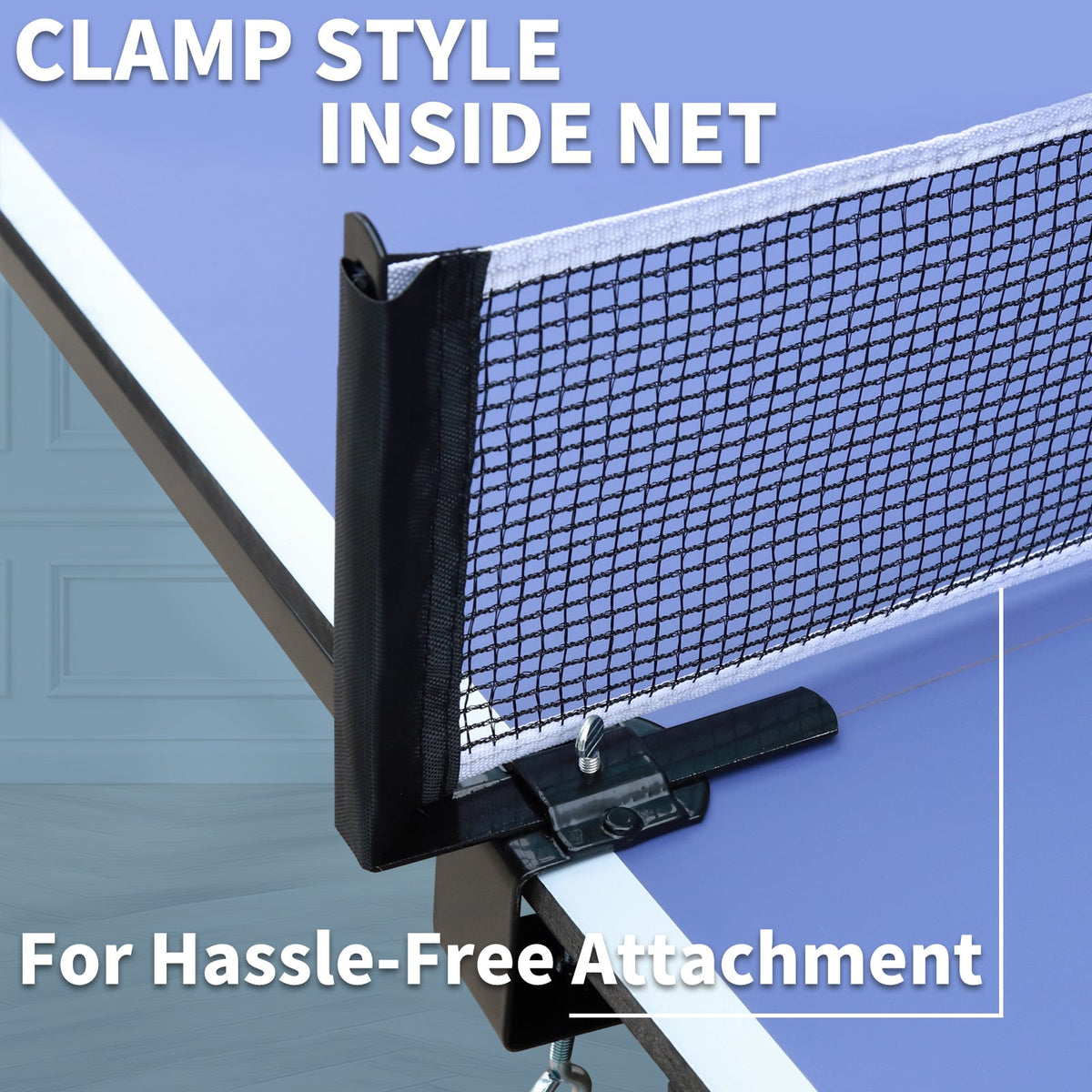 9-Foot foldable indoor ping pong table set with accessories; close-up of clamp-on net attached to blue table on Tampa Home & Garden Store